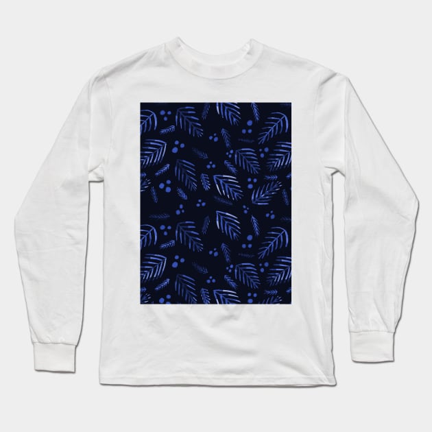 Christmas tree branches and berries - dark blue Long Sleeve T-Shirt by wackapacka